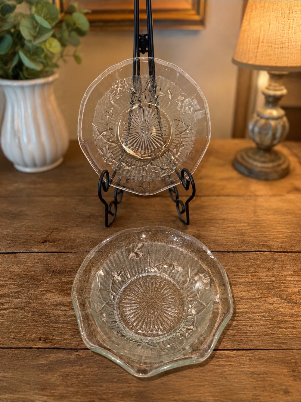 Vintage Clear Pressed Glass Dessert Bowls Set of 2 Floral Sunburst 5.5 Inch